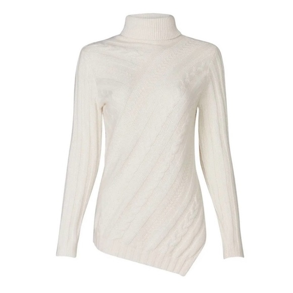 Milly Cream Asymmetrical Cable-Knit Turtleneck Sweater M - Picture 9 of 9
